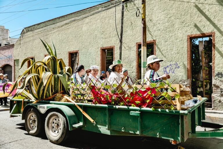 Colorful parade float with people in traditional attire and agave plants in Pachuca, Mexico.
