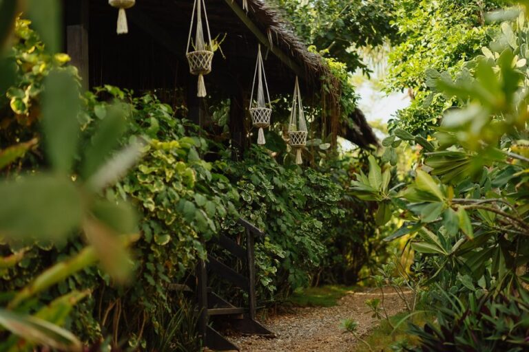 A serene garden pathway surrounded by lush greenery and decorative hanging planters in an outdoor setting.