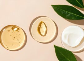 Skincare products with leaves on a light background.