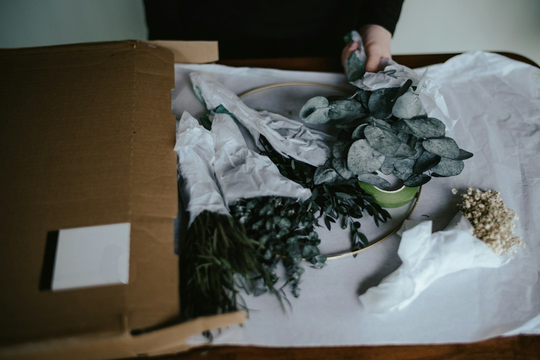 届いた段ボール箱から観葉植物を取り出す様子